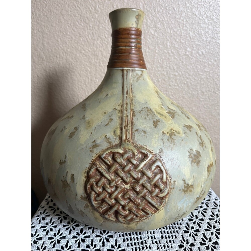 Large Pier 1 Fat Green & Brown Vase
